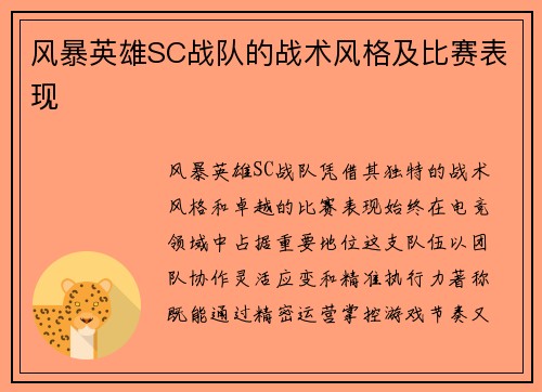 风暴英雄SC战队的战术风格及比赛表现