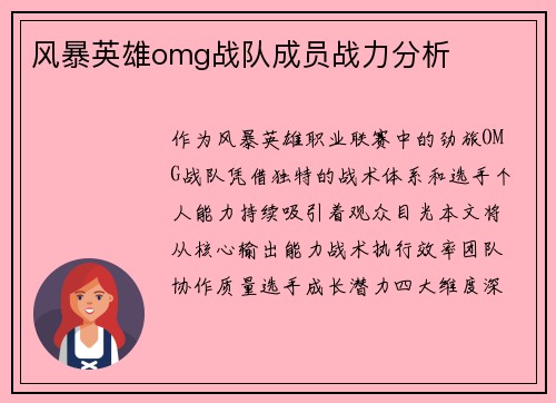 风暴英雄omg战队成员战力分析