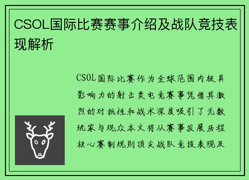 CSOL国际比赛赛事介绍及战队竞技表现解析